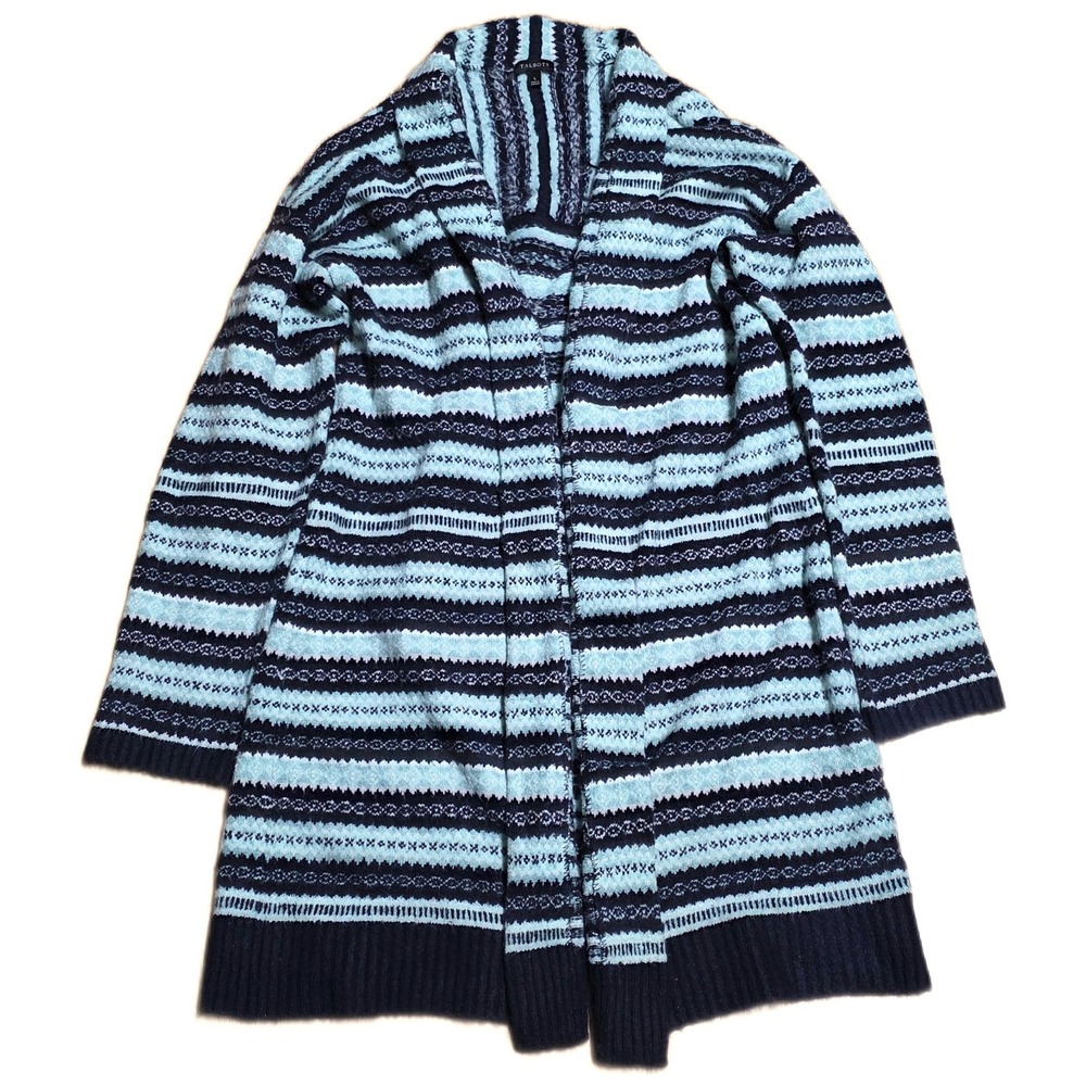 Talbots Striped Open Front Cardigan Sweater Women's Size‎ L Green Navy Blue
